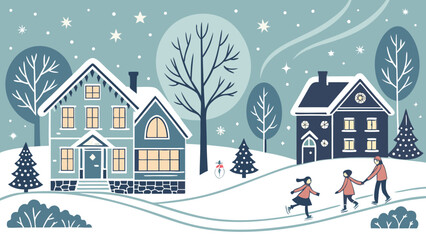Fototapeta premium Charming Scandinavian-style winter village scene: families ice skating, snow-covered houses, whimsical trees.