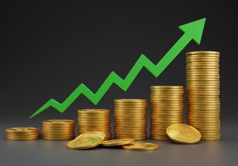 Golden coins stacked with upward trending green arrow representing financial growth