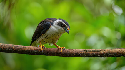 Fototapeta premium Barred Forest Falcon on a Branch A Striking Portrait of a Bird of Prey with Sharp Eyes and Detailed Plumage Against a Lush Green Background
