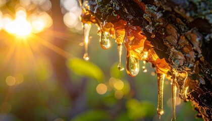 Golden drop of tree resin dripping from bark, glowing in natural sunlight with rich texture.