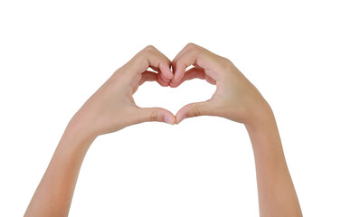 Hands making sign heart by fingers isolated on white studio background. Image with Clipping path.