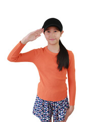 Portrait of Asian girl child age 10-11 years old doing saluting gesture against white background.