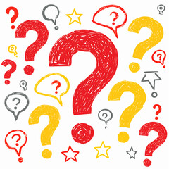 Red and yellow crayon drawn doodle question marks. Collection of various question marks with speech bubbles.