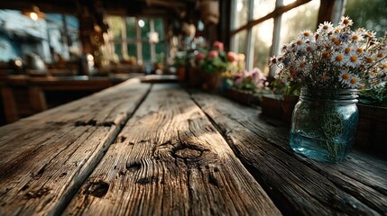 Rustic wooden table with visible grain and softly blurred kitchen window