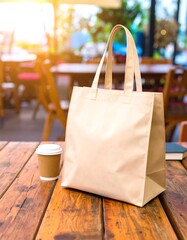 Beige tote bag on wooden table outdoors, coffee cup nearby