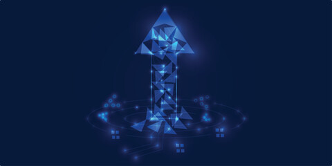 Futuristic blue polygonal upward arrow, digital network HUD, technology growth and data analytics concept on dark background, innovation progress rise