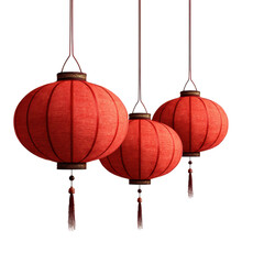Obraz premium Three hanging red lanterns captured in a festive setting, showcasing intricate designs for celebration and decoration