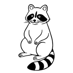 Adorable vector illustration of a sitting raccoon with a striped tail, characterized by its simplistic black and white line art style and cheerful expression, ideal for childrens books or apparel...