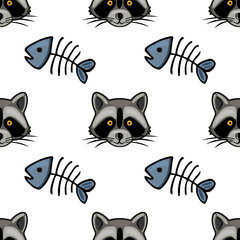 Seamless vector pattern featuring playful raccoon faces and fish skeletons, creating a whimsical and repeating design ideal for textile prints or childrens products.