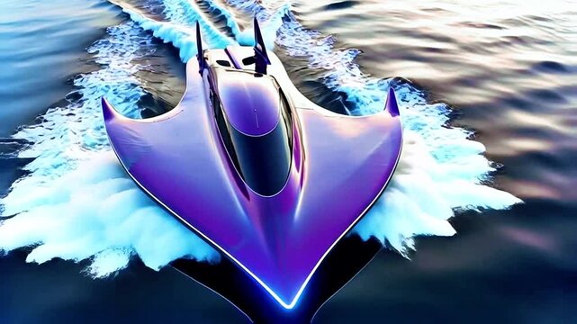 A futuristic, sleek purple boat gliding over the water, leaving a trail of white foam behind it.