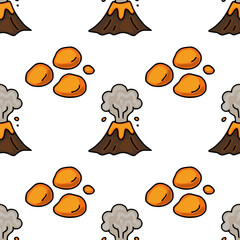 Seamless vector pattern  cartoon volcanoes erupting orange lava and grey smoke, accompanied by scattered orange lava drops on a white background, ideal for kids designs or nature-themed projects.