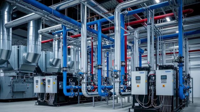 Visual of robust piping infrastructure linking multiple chillers to the arenas air handling units and cooling distribution network.