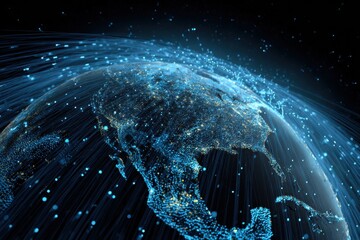 A digital representation of Earth, highlighted with network connections