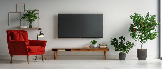 A modern living room with a wall-mounted TV on a stark white wall. A bold red armchair sits beside a wooden side table, with books and greenery completing the look.