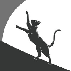 Elegant black silhouette of a cat gracefully stretching its body in a dynamic pose
