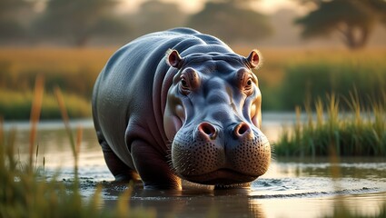 Majestic hippopotamus standing in shallow water with a detailed close up view on its face