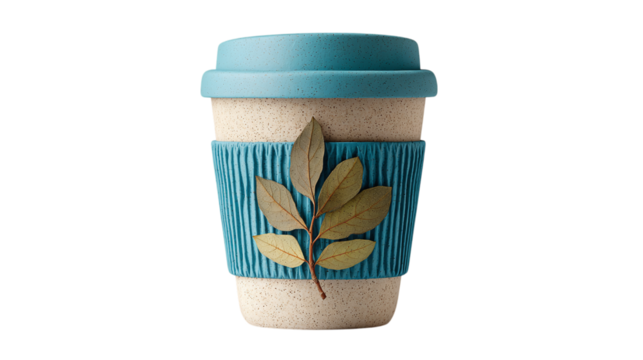 Eco-friendly reusable coffee cup with autumn leaf, teal tone accent isolated on transparent background  - Powered by Adobe