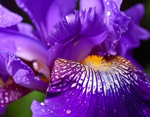 Close-up of a vibrant purple iris with water droplets