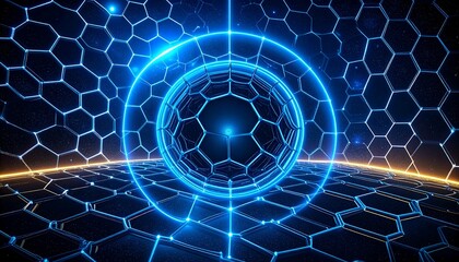 A digital rendering showcases a futuristic scene with interconnected hexagonal structures.