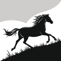 Dynamic monochrome silhouette of a powerful running horse in full stride captured in a classic artistic style