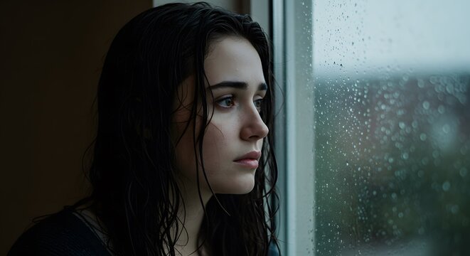 Teenage girl looking through rainy window