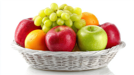 Fruit Basket Assortment with Apples, Grapes and Oranges on White
