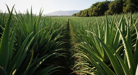 Vibrant green aloe vera plants growing in agricultural field under natural sunlight white background