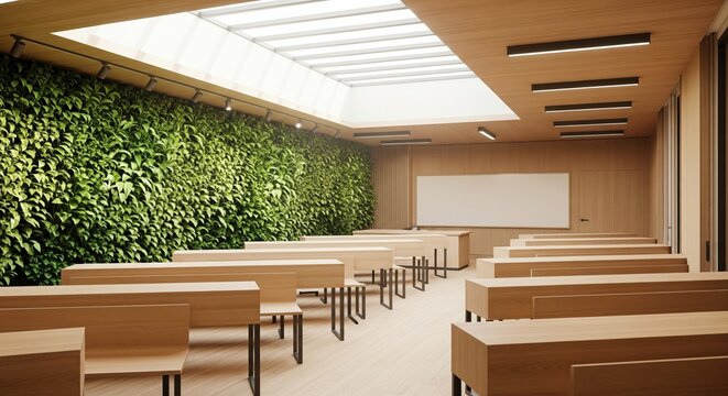 Modern Lecture Hall with Green Wall and Skylight