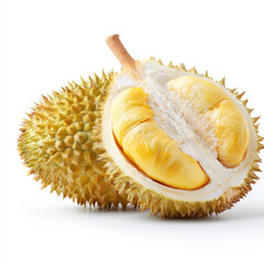 Obraz premium Durian Fruit Cut Open with Segments Displayed on White