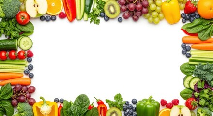 A vibrant border of various fresh fruits and vegetables surrounds a white central space