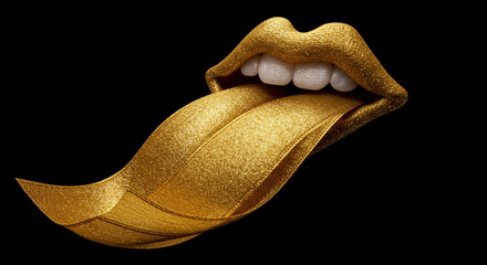 Golden lips with sparkling tongue on black background  