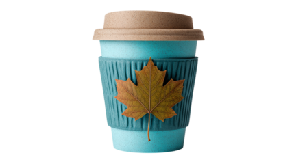 Eco-friendly reusable coffee cup with autumn leaf, teal tone accent isolated on transparent background 