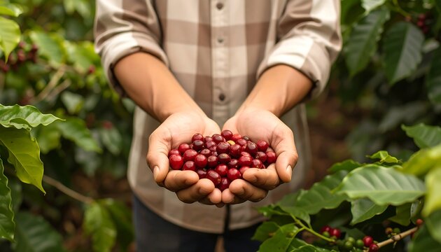 A person holding a handful of vibrant red berries, likely coffee cherries, in a lush green field. The berries are centered, contrasting with the natural environment. A checkered shirt is visible - Powered by Adobe