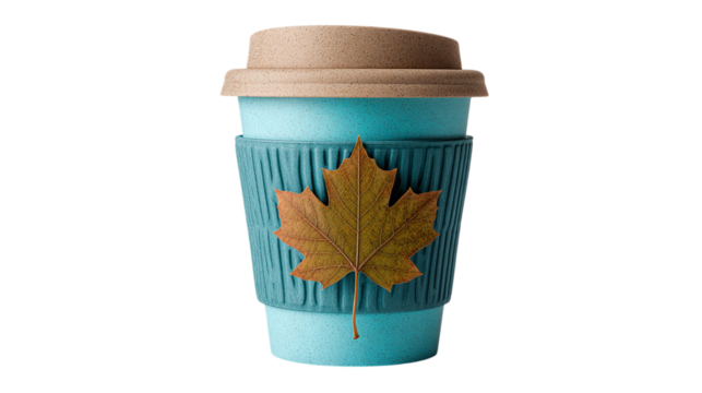 Eco-friendly reusable coffee cup with autumn leaf, teal tone accent isolated on transparent background  - Powered by Adobe