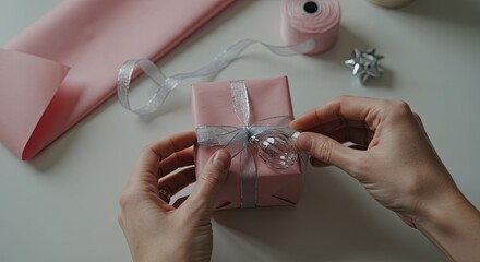 Pink Gift Being Tied with Silver Ribbon by Person on White Table