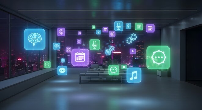 Collection of glowing neon app icons floating in a modern office with city view