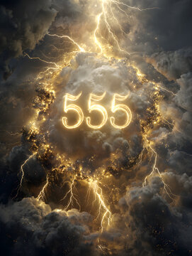 Mystical environment lightning storm and 555 symbol in a surreal high angle cloudscape art