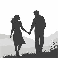 Monochromatic silhouette of a loving couple holding hands in a tender embrace