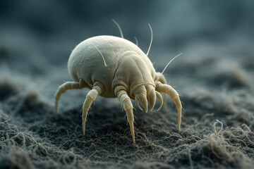 A Close-Up View of a Dust Mite Highlighting Its Unique Structure and Intricate Details in a Microenvironment of Dust and Debris