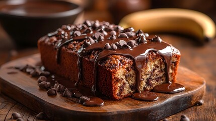 Decadent chocolate chip banana bread loaf drizzled with warm chocolate sauce and topped with chips on a wooden board