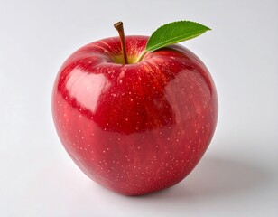 Close-up of a vibrant red apple with a leaf