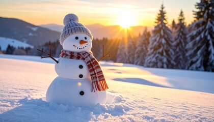 Cheerful snowman with hat and scarf standing in snowy landscape at sunset, winter wonderland scene.