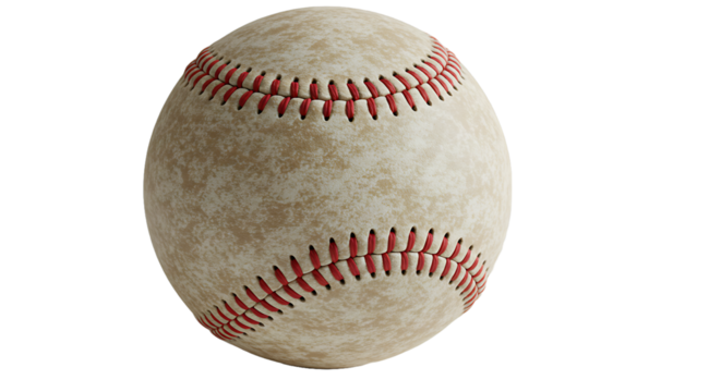 A close up studio shot of a worn vintage baseball with red stitching isolated on a black background