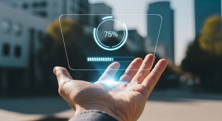 Human hand holding a futuristic holographic progress bar with 75 completion in an urban setting