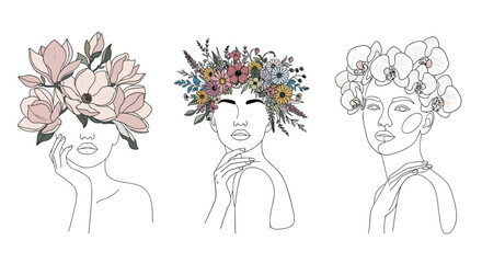 Fototapeta premium Elegant line art illustrations of women adorned with delicate floral wreaths and botanical accents
