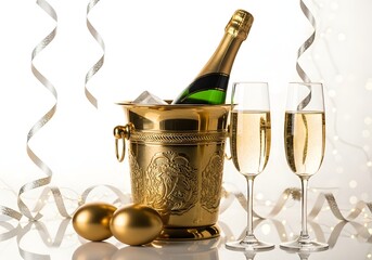 Golden champagne bucket with two glasses and festive ornaments