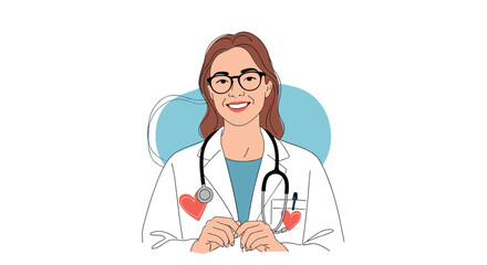 Fototapeta premium A kind female doctor wearing glasses and a lab coat with a stethoscope around her neck is smiling