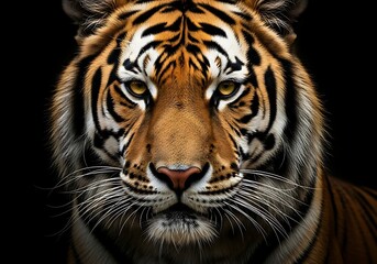 Naklejka premium Tatapan mata harimau yang tajam menangkap kekuatan dan keindahan satwa liar dengan mata kuning yang tajam dan garis-garis yang mencolok