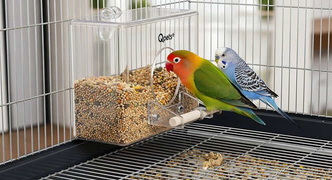 A colorful lovebird and a budgie eating birdseed from a feeder inside a birdcage - Powered by Adobe