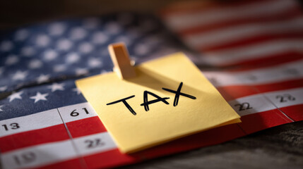 US Taxes Due: Calendar with American Flag and 'TAX' Note